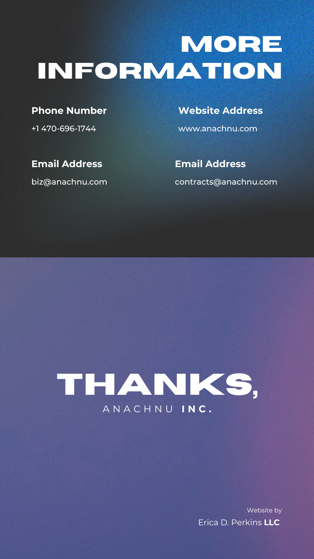 Infographic containg contact information for Anachnu, Inc. including phone, email, and website.